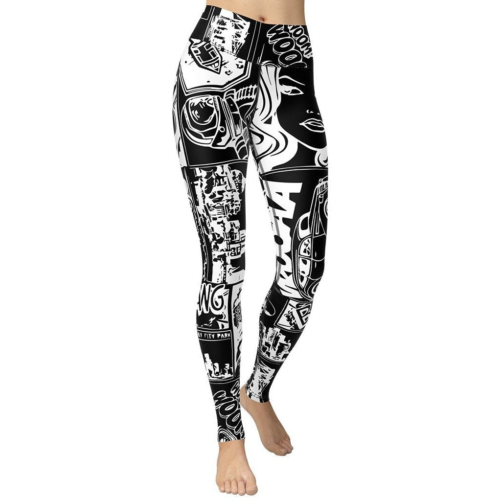 White Black Comic Book Yoga Leggings - Main Image
