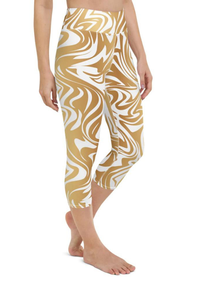 White & Gold Print Yoga Capris