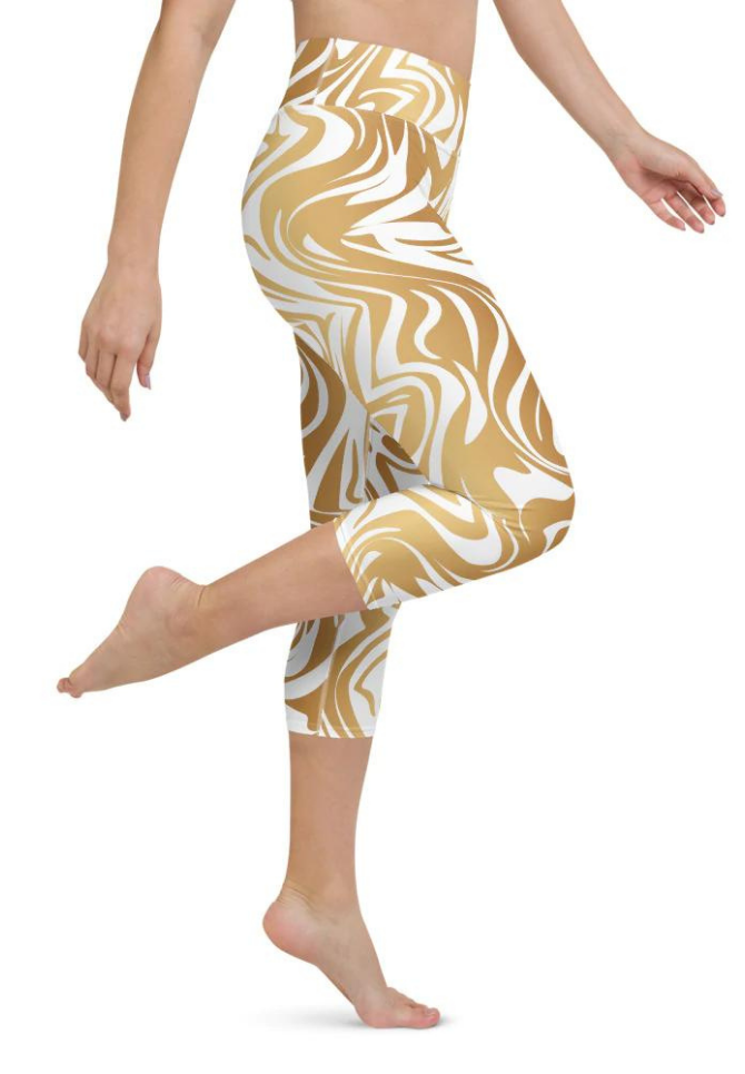White & Gold Print Yoga Capris
