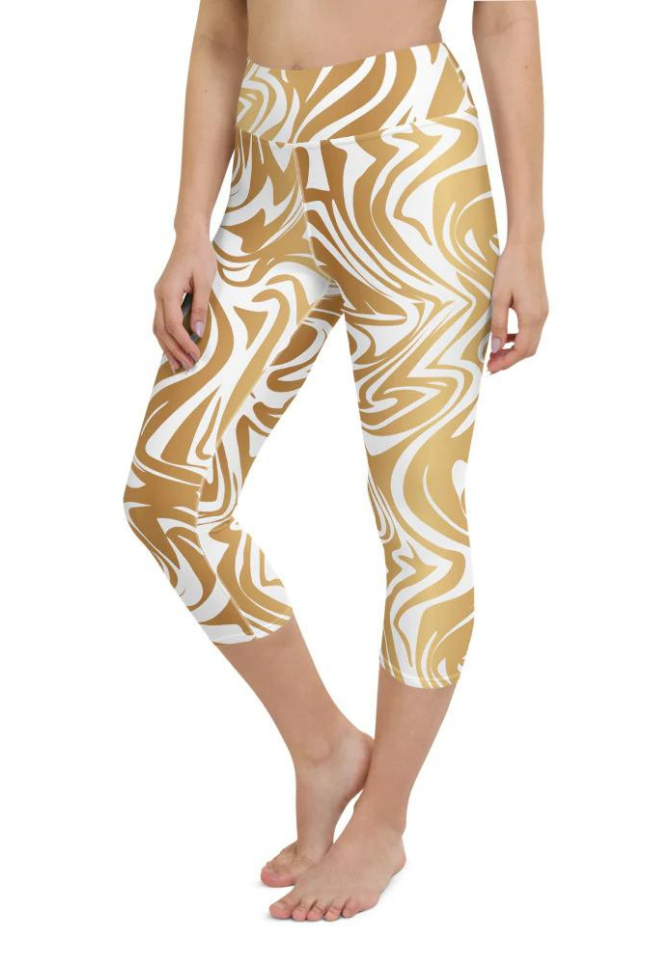 White & Gold Print Yoga Capris