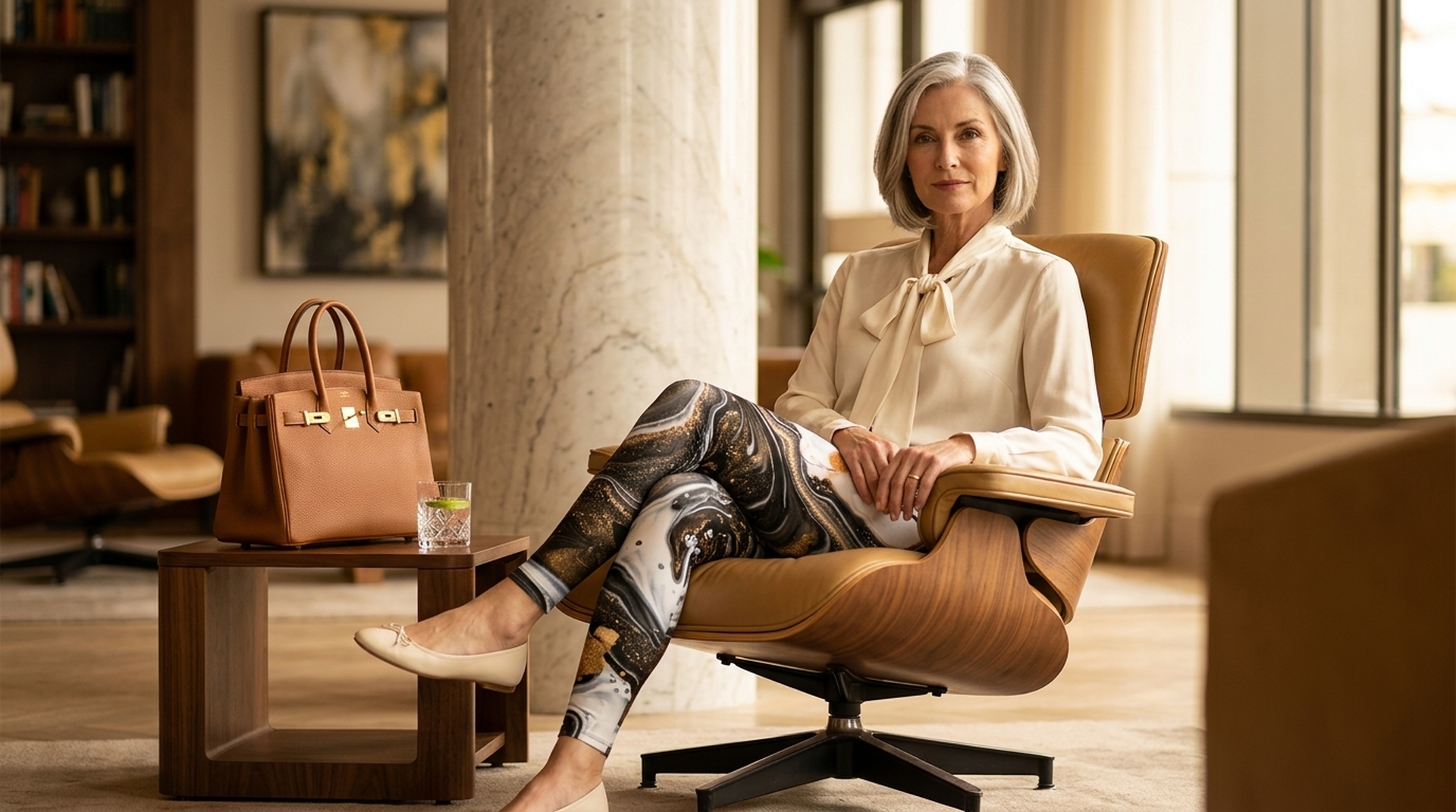 Sophisticated gold-accent leggings in a boutique hotel - FIERCEPULSE over 50 style guide
