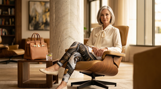 Sophisticated gold-accent leggings in a boutique hotel - FIERCEPULSE over 50 style guide