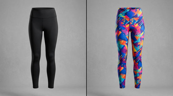 Side-by-side comparison of a solid black activewear legging and a vibrant geometric color-block patterned legging