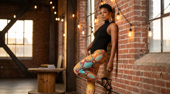 Colorful snake print leggings styled with black bodysuit - FIERCEPULSE fashion editorial