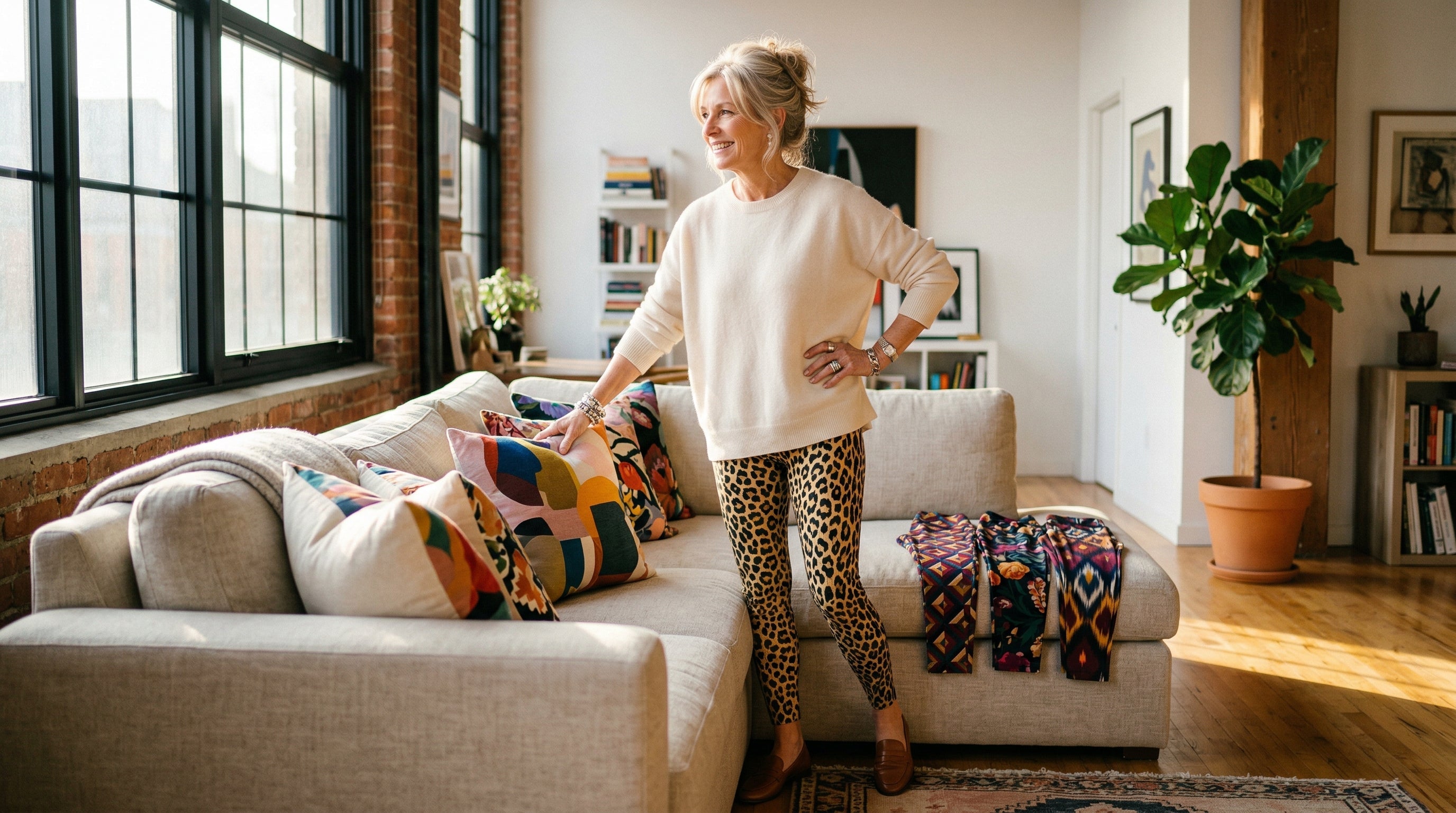 Colorful patterned leggings styled with complementary tops - FIERCEPULSE color matching guide