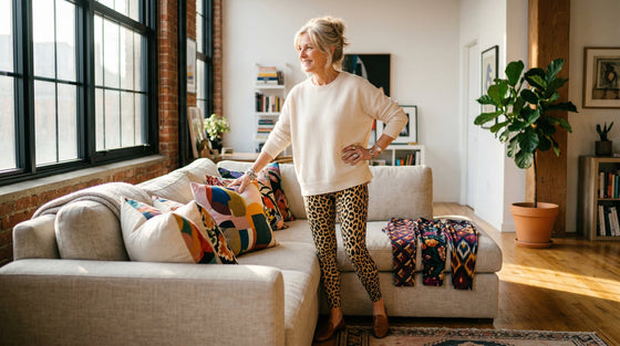 Colorful patterned leggings styled with complementary tops - FIERCEPULSE color matching guide