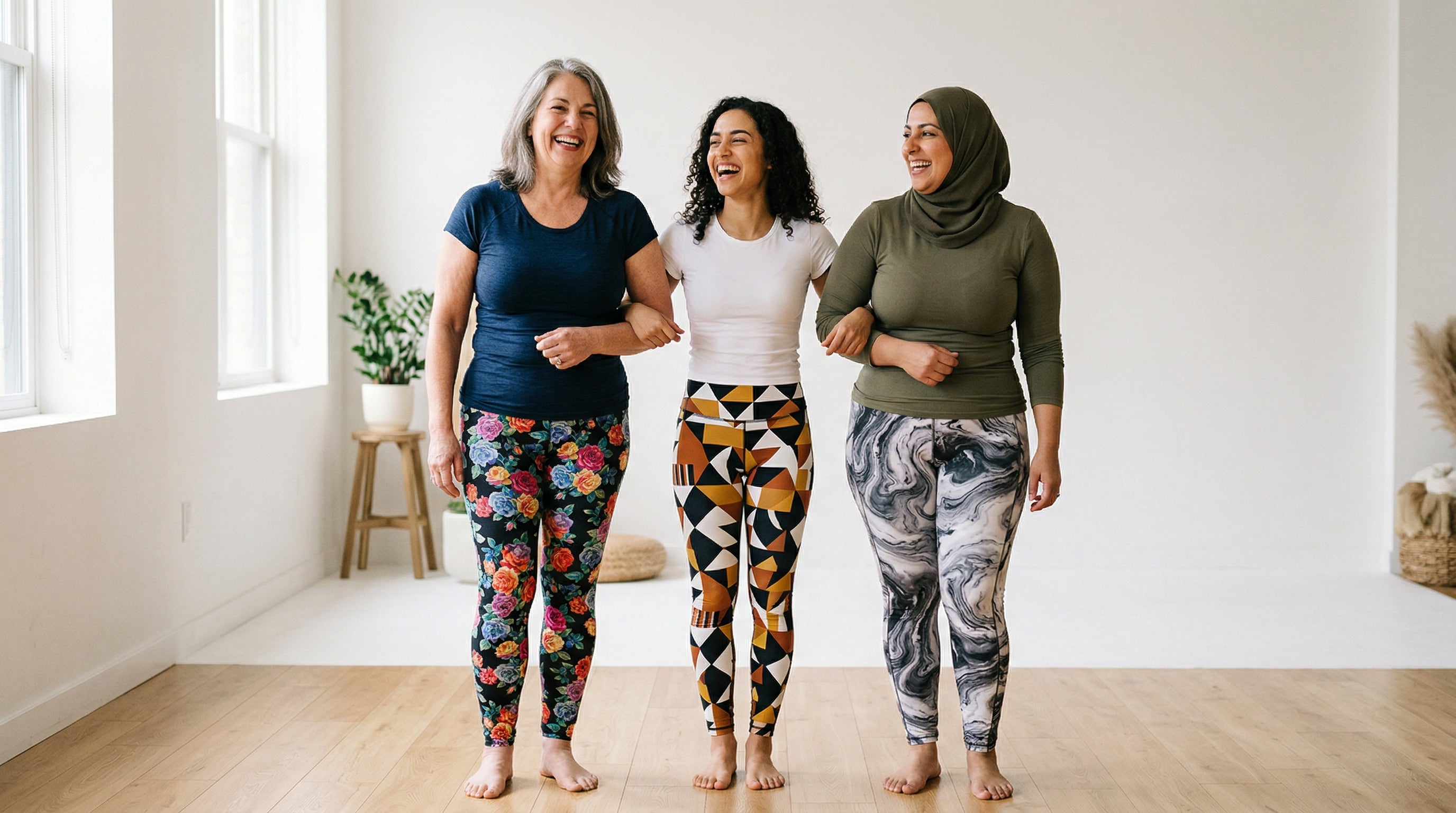 Women of different body types wearing flattering leggings styles - FIERCEPULSE fit guide