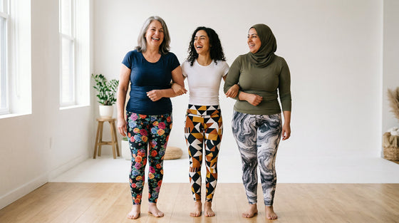 Women of different body types wearing flattering leggings styles - FIERCEPULSE fit guide