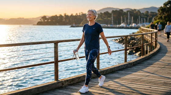 Woman walking outdoors in comfortable printed leggings - FIERCEPULSE walking guide