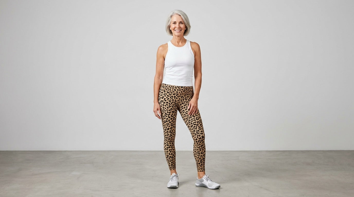 Best animal print leggings for women — silver-haired woman wearing leopard print leggings in a studio setting