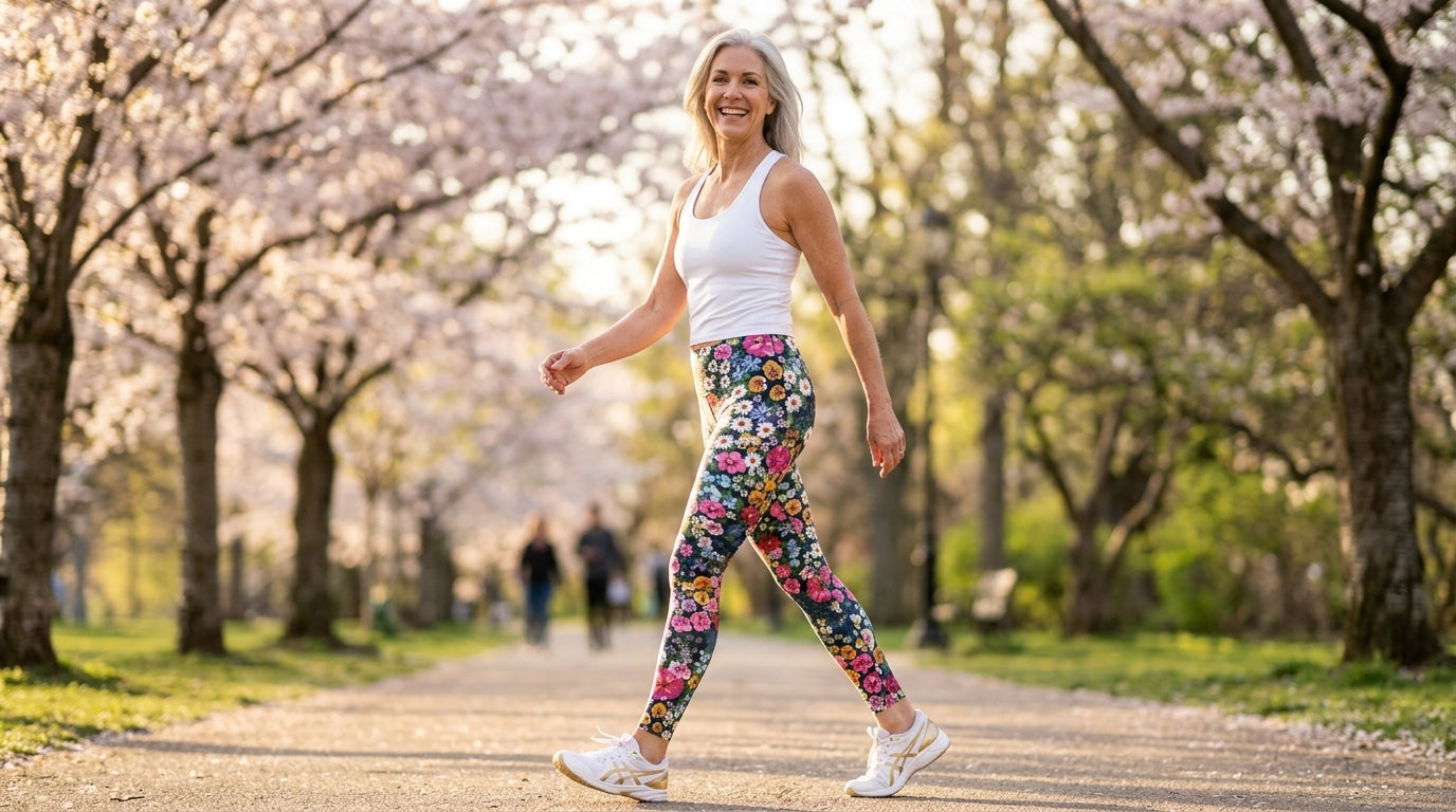 Confident 55-year-old woman walking outdoors in FIERCEPULSE pretty floral print leggings and white tank top, spring morning