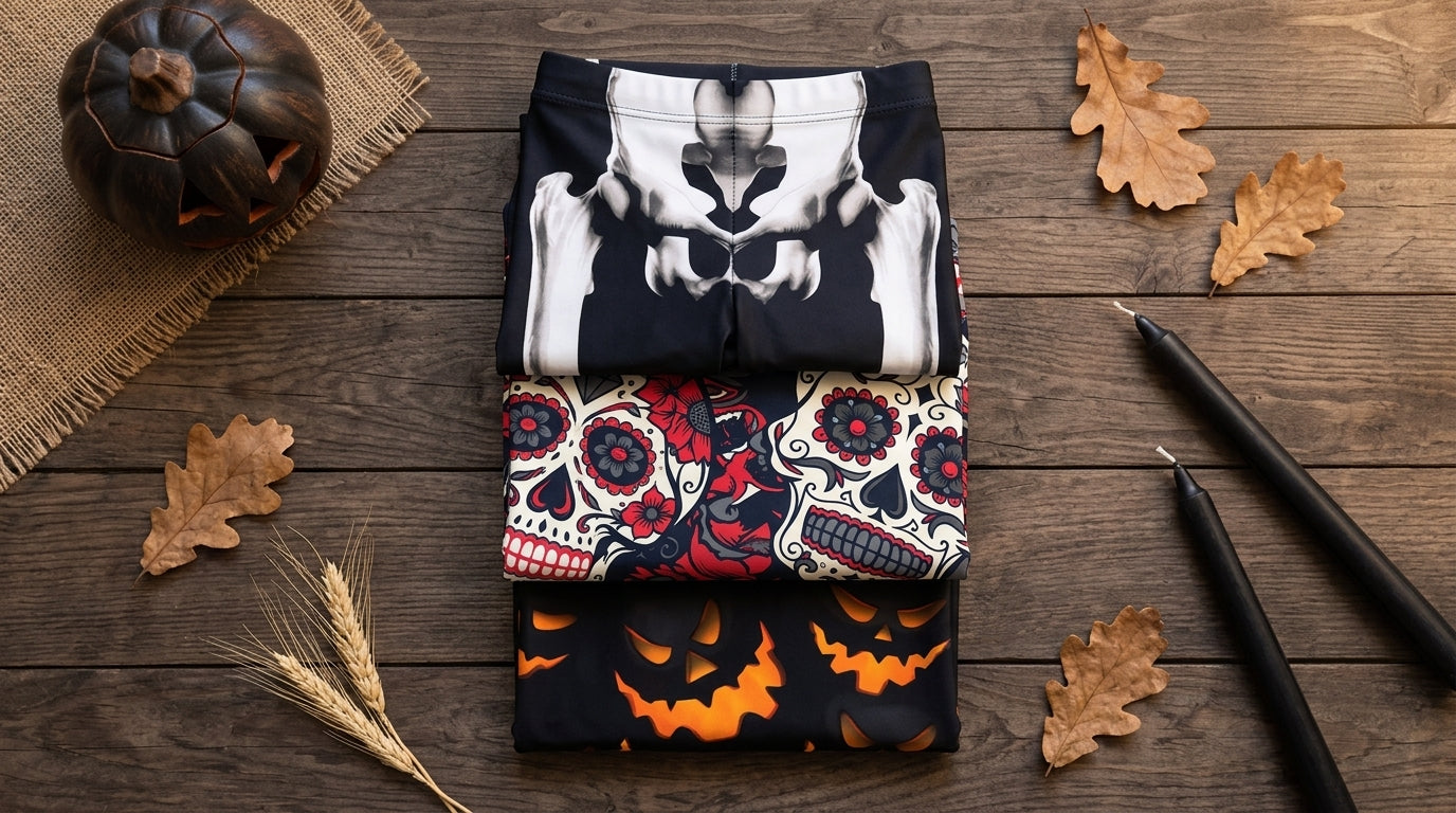 FIERCEPULSE Halloween leggings flat lay — actual Skeleton, Sugar Skull and Spooky Pumpkin prints folded on autumn wood