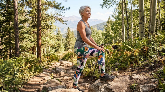 Woman hiking a forest trail in bold FIERCEPULSE camo print leggings on a sunny morning