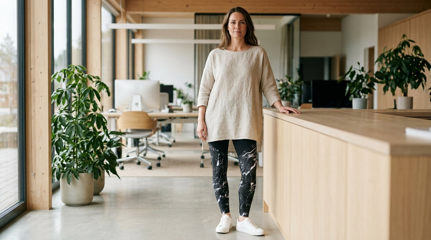 Woman on her feet at work in FIERCEPULSE black marble yoga leggings, best leggings for standing all day