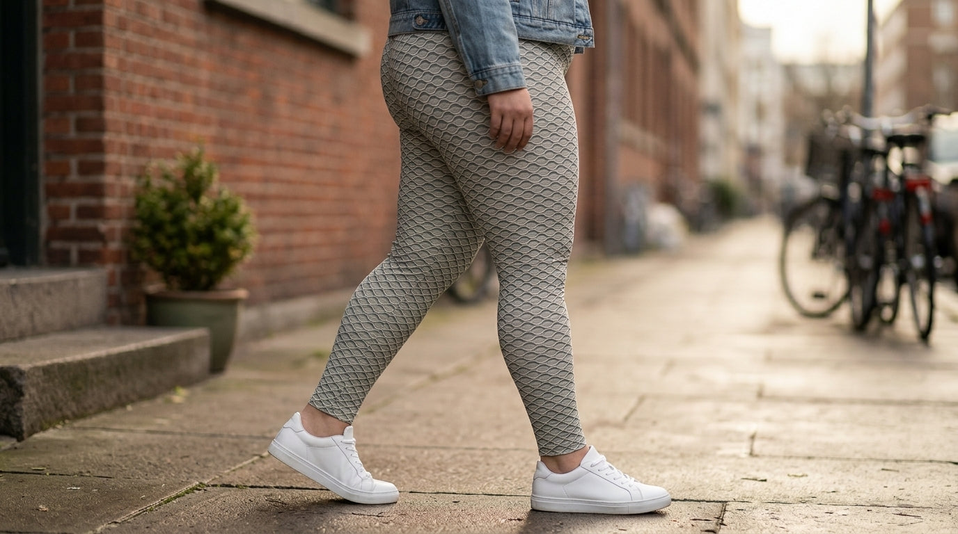 Curvy woman side-profile knee-down walking in FIERCEPULSE Anti-Cellulite Plus Size Leggings — chevron textured print