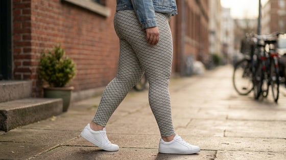 Curvy woman side-profile knee-down walking in FIERCEPULSE Anti-Cellulite Plus Size Leggings — chevron textured print