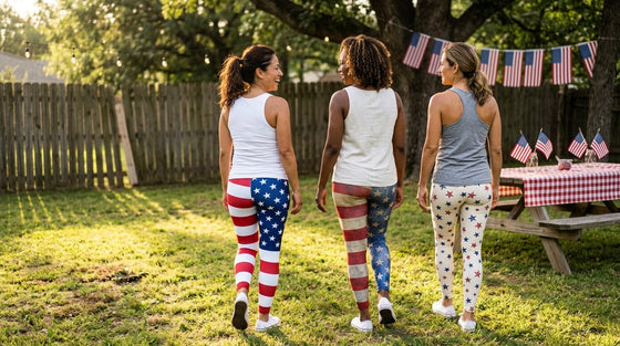 Three women in their 40s walking together at a backyard July 4th gathering, each wearing a different patriotic leggings print