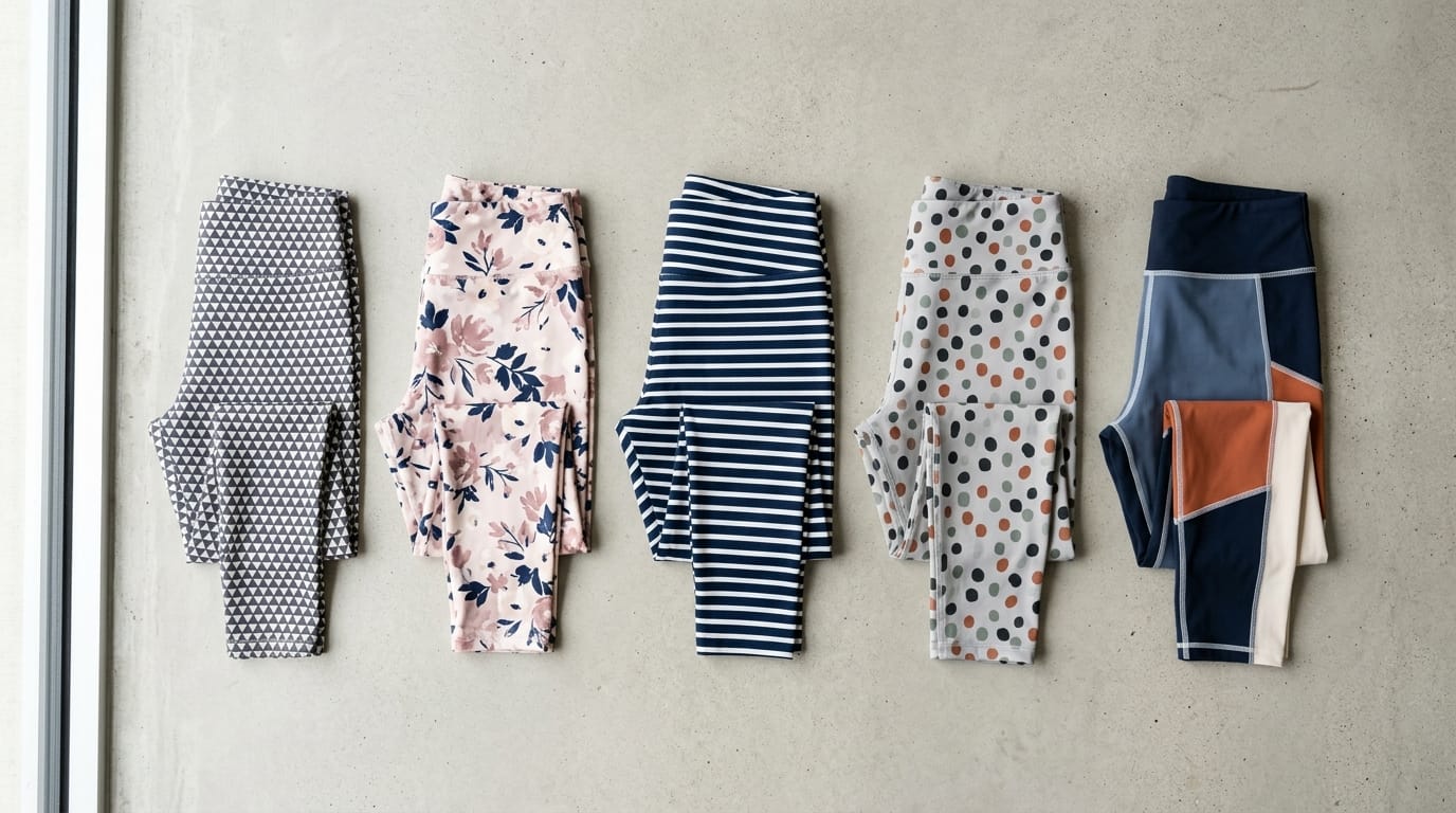 Flat-lay of five affordable patterned activewear leggings on a concrete-gray surface