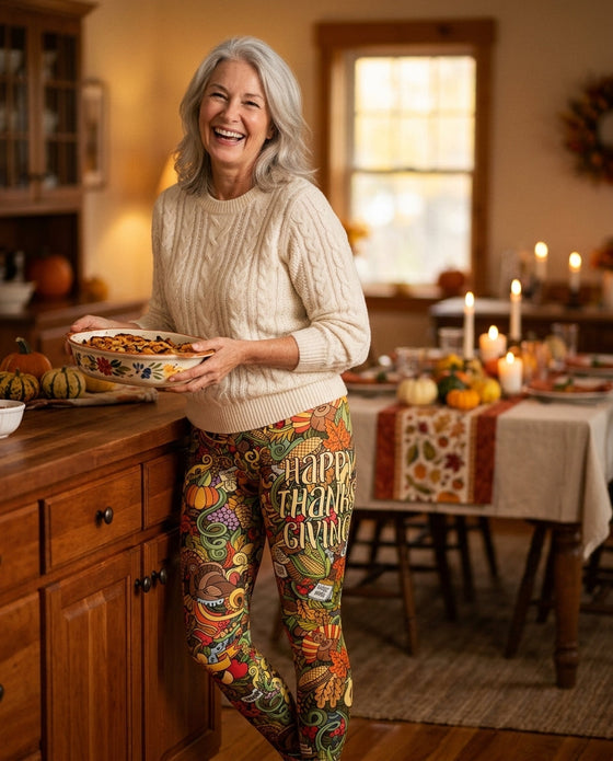 Woman in her 60s hosting Thanksgiving in a warm kitchen wearing Happy Thanksgiving print leggings