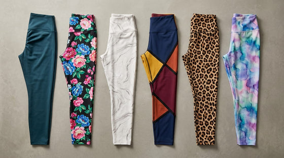 Lineup of six different patterned activewear leggings displayed vertically on a neutral concrete backdrop
