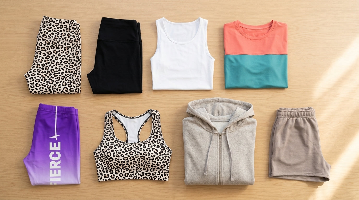 Seven-piece capsule activewear wardrobe flat lay with leopard and Fierce print leggings, tank, colorblock top, sports bra, hoodie and shorts - FIERCEPULSE