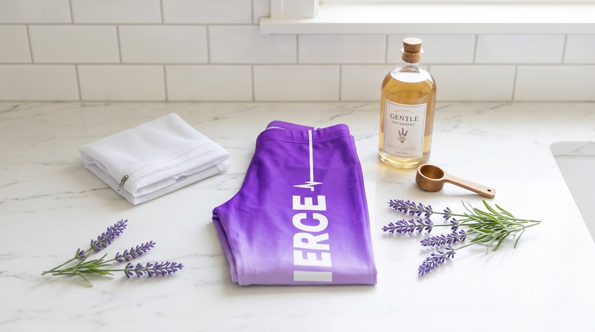 Leggings care flat-lay with laundry essentials - FIERCEPULSE care guide