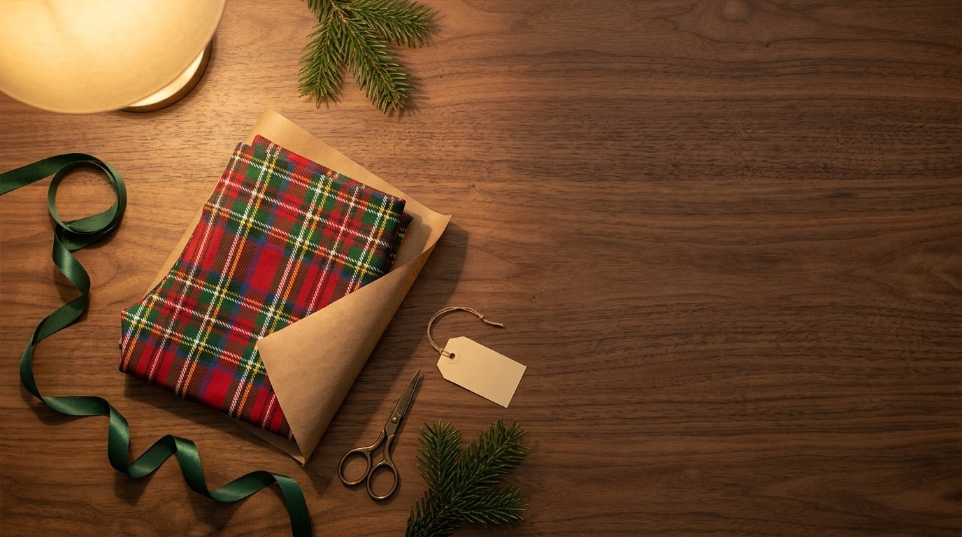 Folded tartan Christmas leggings being wrapped in kraft paper with ribbon, scissors and pine sprigs on a wood table
