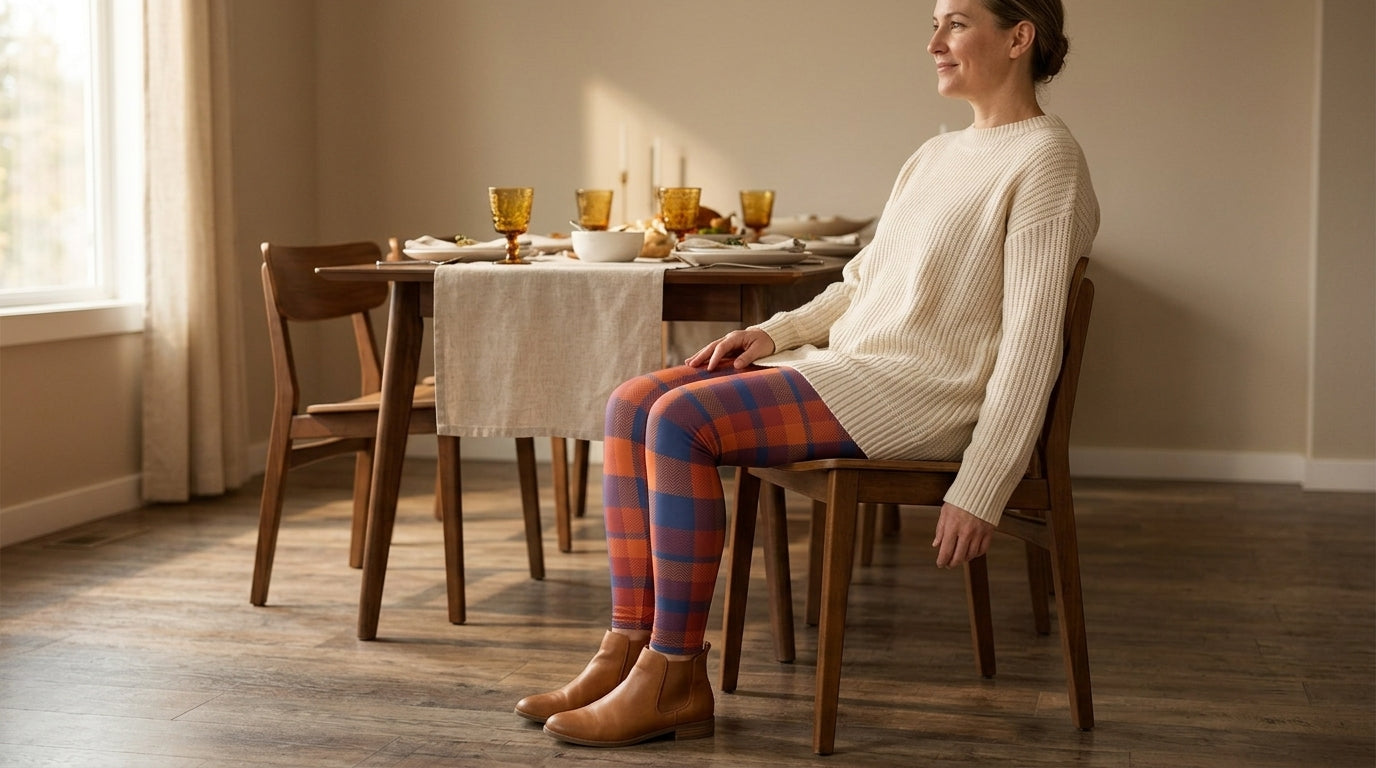 Woman seated at a Thanksgiving dinner table in orange and navy plaid leggings and an oversized cream sweater