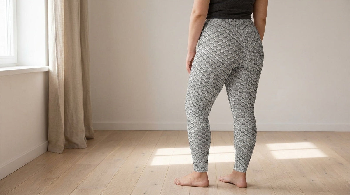 Three-quarter rear view of a curvy woman standing barefoot in FIERCEPULSE Anti Cellulite Pattern Leggings, a grey lattice print