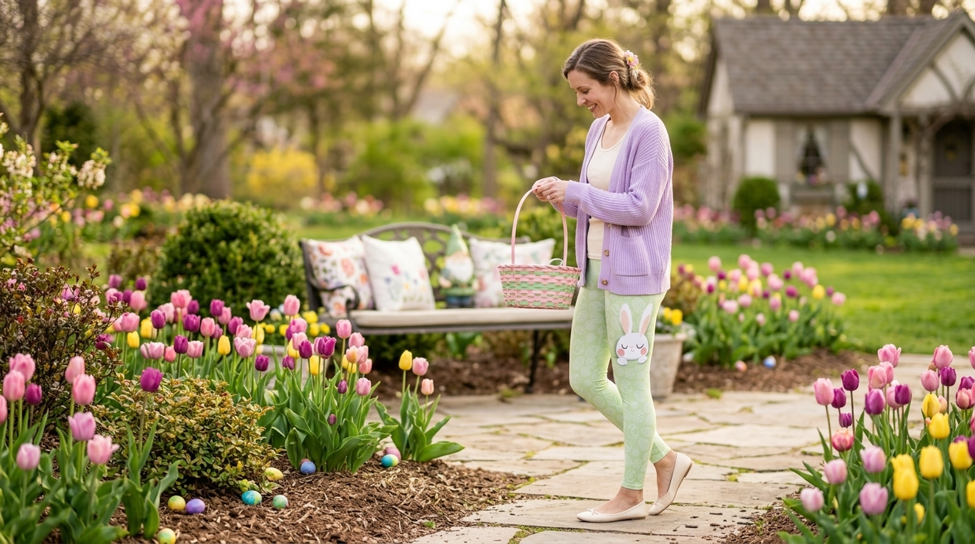 Easter bunny print leggings in a festive spring garden - FIERCEPULSE Easter outfits