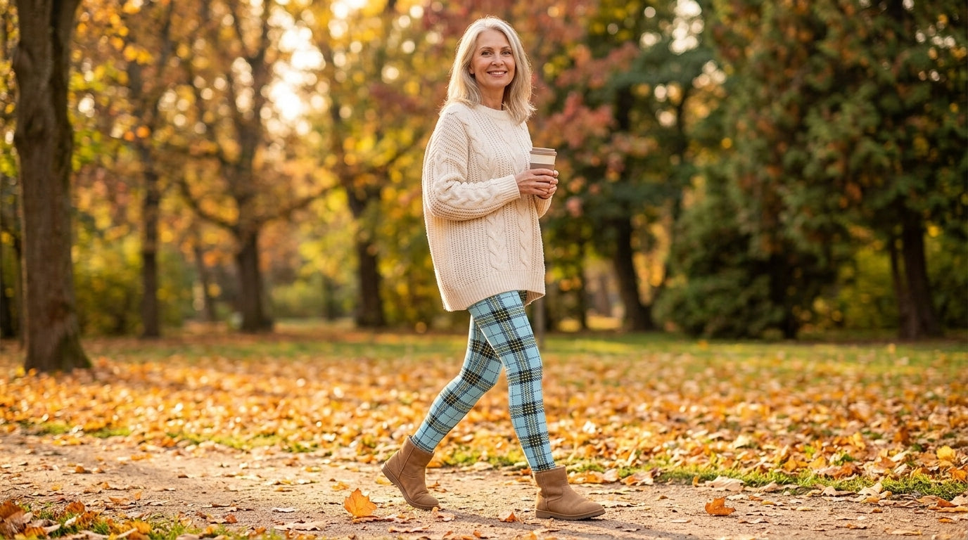 Woman in blue plaid tartan print leggings and cream cable-knit sweater walking through an autumn park - FIERCEPULSE fall 2026 leggings trends