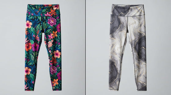 Side-by-side comparison of a bold floral patterned legging and a subtle marbled abstract patterned legging on a neutral backdrop