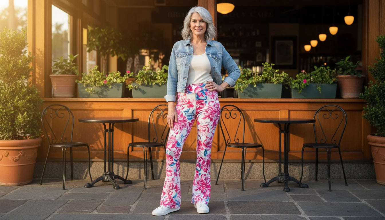 Woman styling Flower Power Flare Leggings with denim jacket and white sneakers outside brunch cafe - FIERCEPULSE