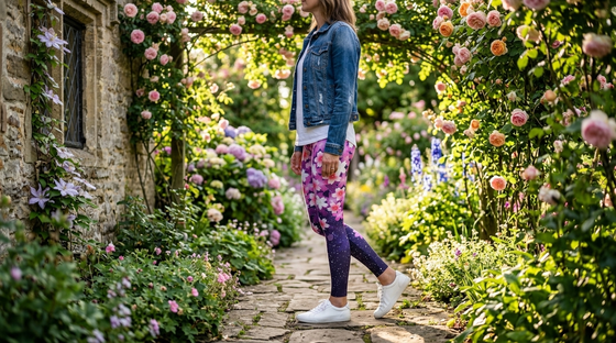 Abstract flower leggings in an English garden setting - FIERCEPULSE floral guide