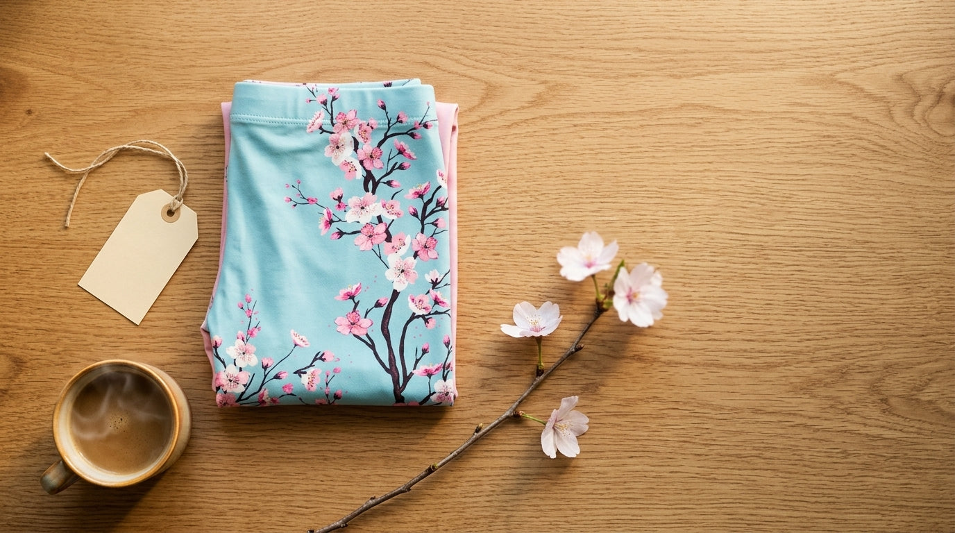 Cherry blossom print leggings folded as a Mother's Day gift on warm oak wood with a manila gift tag and fresh blossoms - FIERCEPULSE floral leggings gift guide