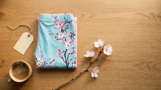 Cherry blossom print leggings folded as a Mother's Day gift on warm oak wood with a manila gift tag and fresh blossoms - FIERCEPULSE floral leggings gift guide