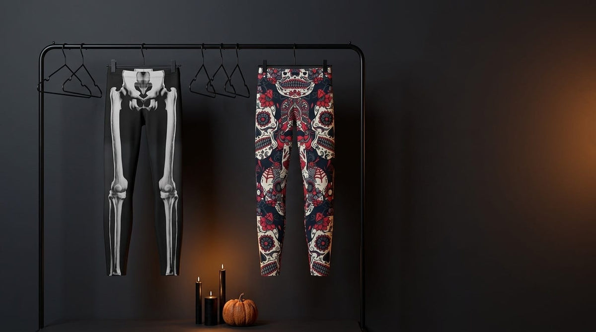 X-ray skeleton print and sugar skull print leggings hanging on a black rail against a charcoal wall with candles and a pumpkin