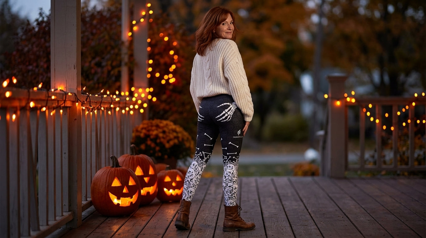 Confident 58-year-old woman in FIERCEPULSE Halloween Hand Print leggings, back to camera showing iconic skeleton hands at booty, on dusk porch with jack-o-lanterns