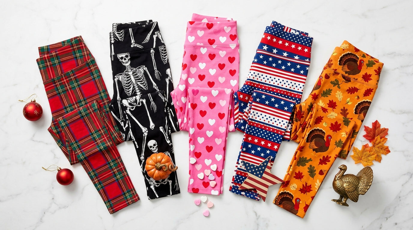 Collection of holiday leggings in Christmas tartan, Halloween skeleton, Valentine's Day hearts, patriotic stars and stripes, and Thanksgiving harvest prints