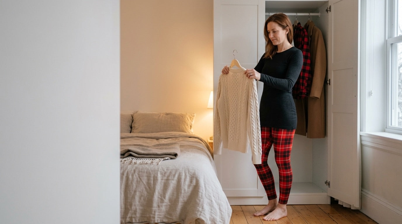A woman in red tartan Christmas leggings and a long black top holds a cream cable-knit sweater on a hanger against herself beside an open wardrobe