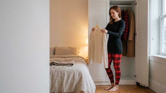 A woman in red tartan Christmas leggings and a long black top holds a cream cable-knit sweater on a hanger against herself beside an open wardrobe