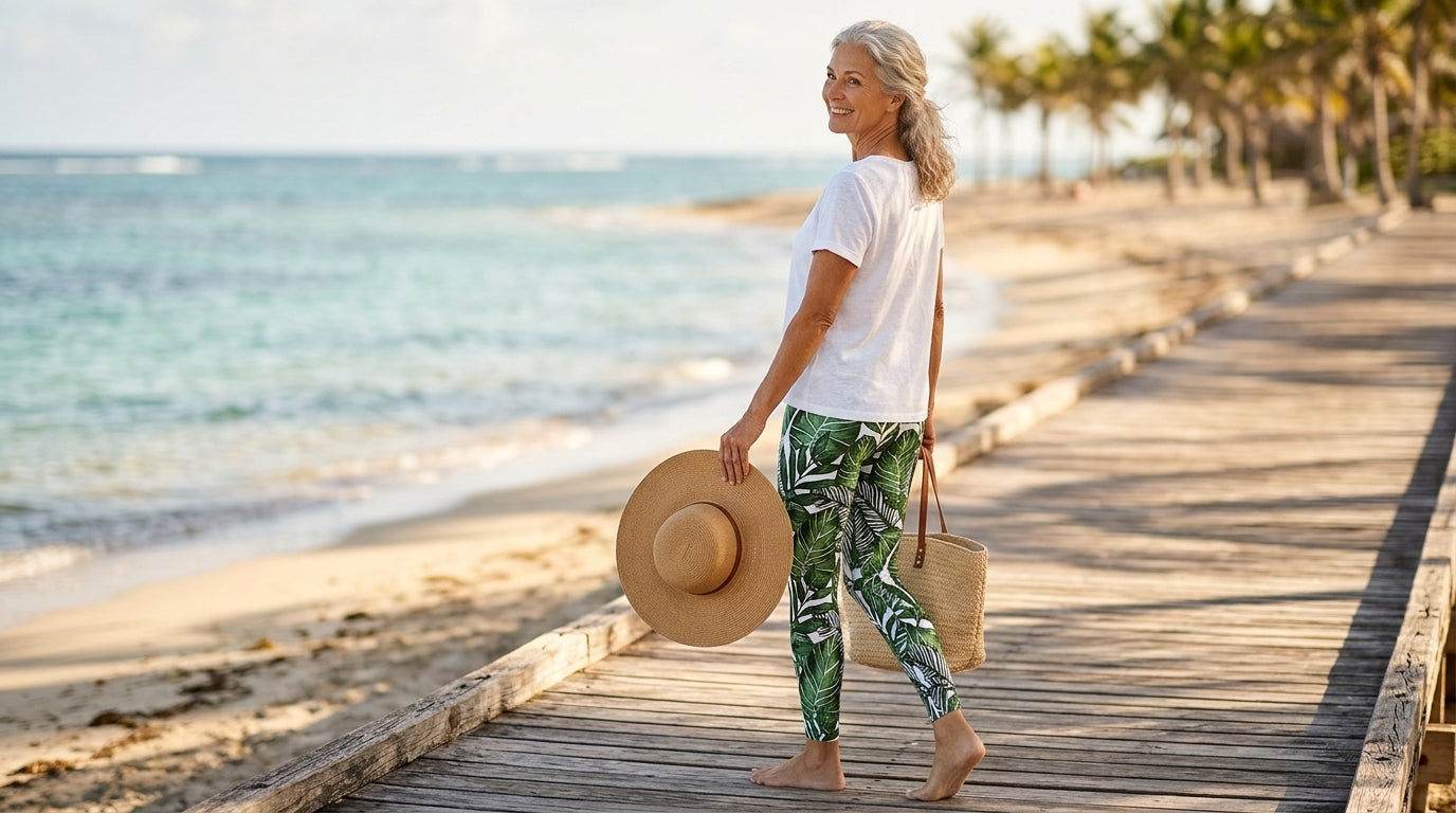 Woman in green tropical-print FIERCEPULSE leggings and a white tee on a sunny seaside boardwalk