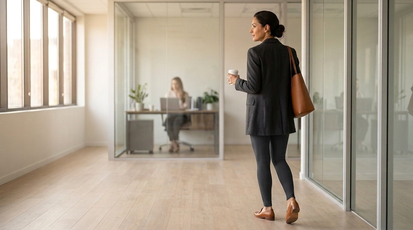 A woman in a long charcoal blazer and solid black FIERCEPULSE leggings walks through a bright office corridor wearing tan leather loafers