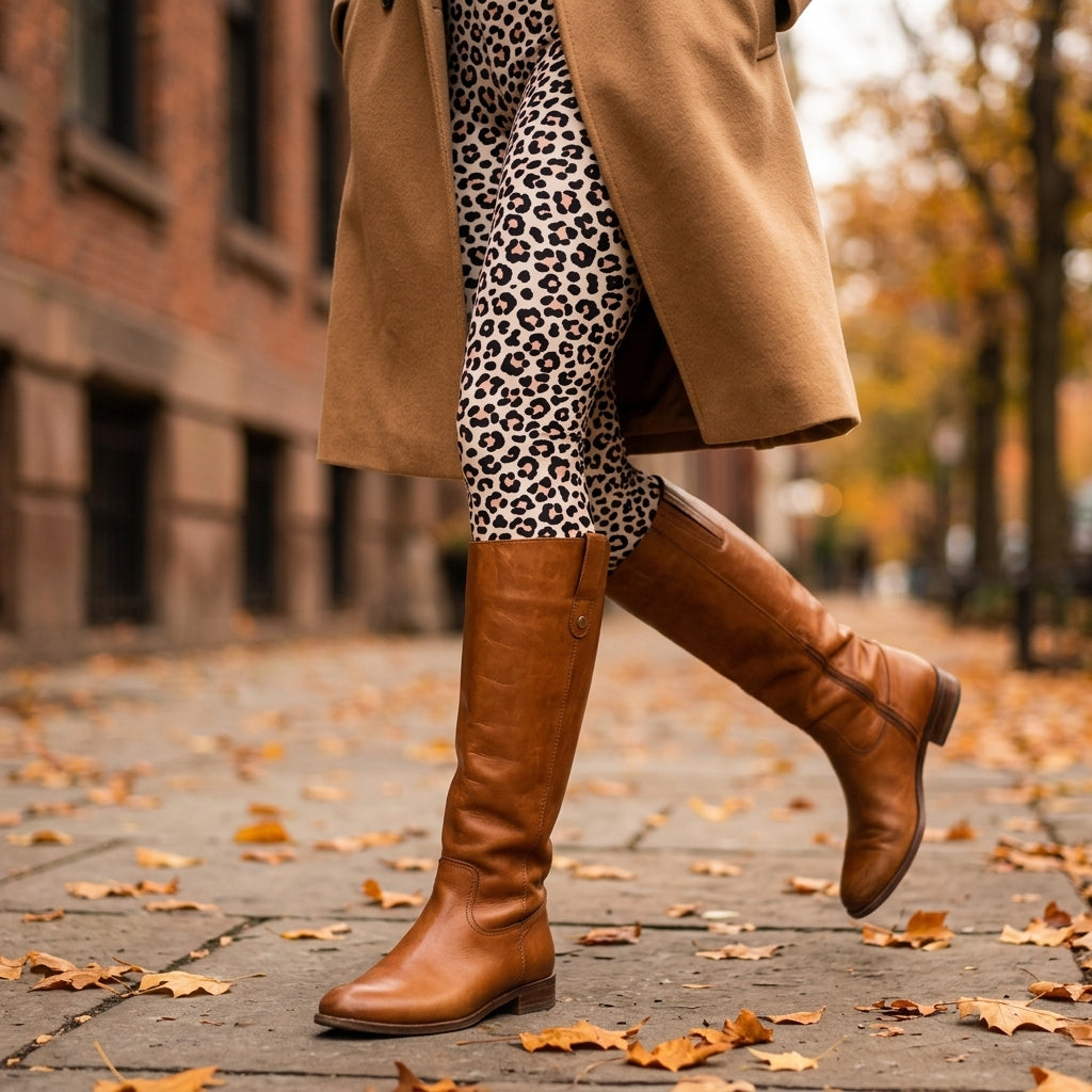 Leopard print leggings tucked into tan knee-high leather boots on an autumn city sidewalk