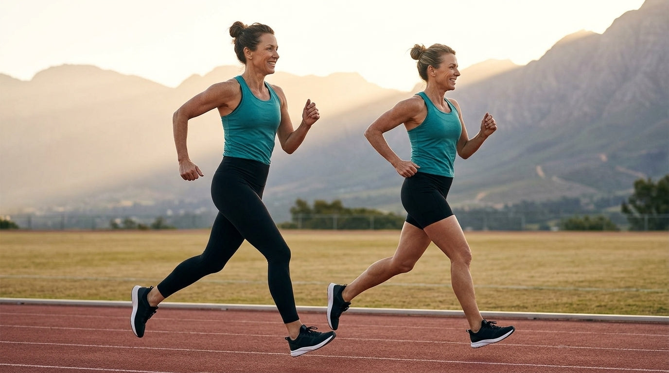 Two confident 55-year-old women side by side at outdoor running track at sunrise, one in FIERCEPULSE black leggings, one in black workout shorts, both with teal performance tops
