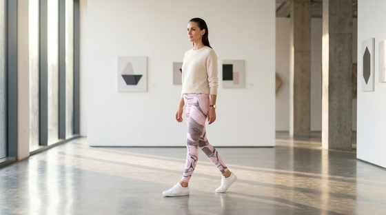 Pink marble leggings styled in a modern art gallery - FIERCEPULSE styling guide