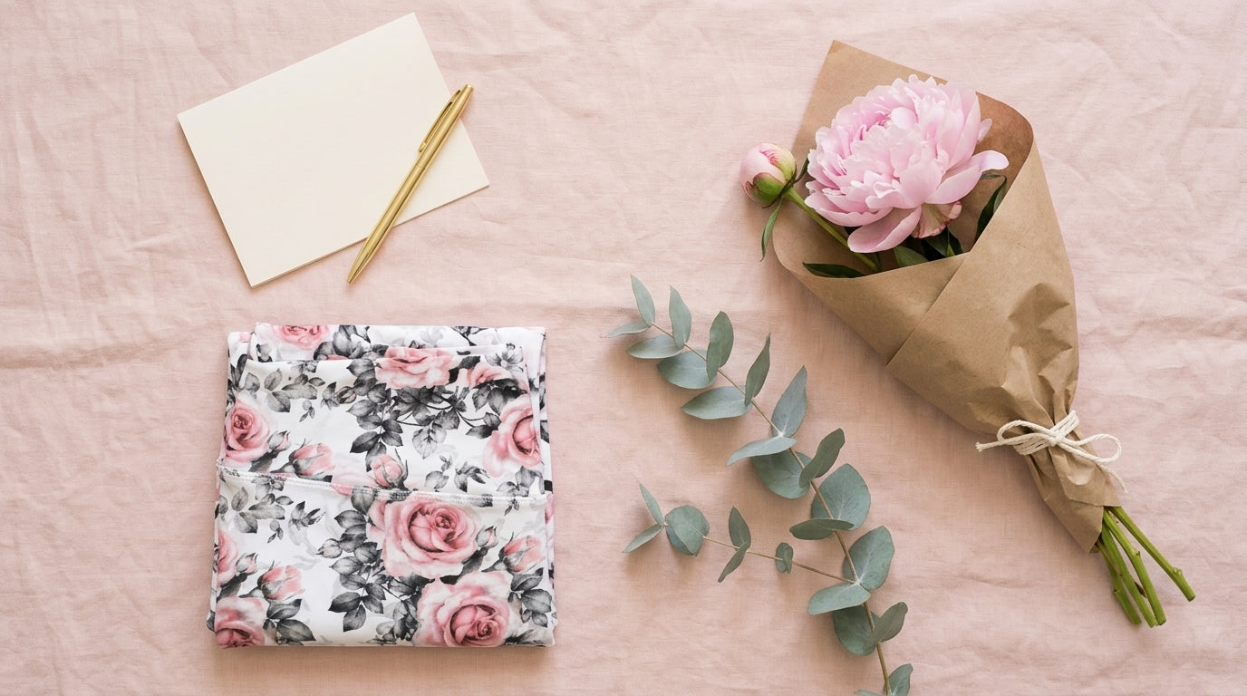 Mother's Day gift composition flat lay with folded floral yoga leggings, peony bouquet, blank card with gold pen, and eucalyptus on blush-pink linen