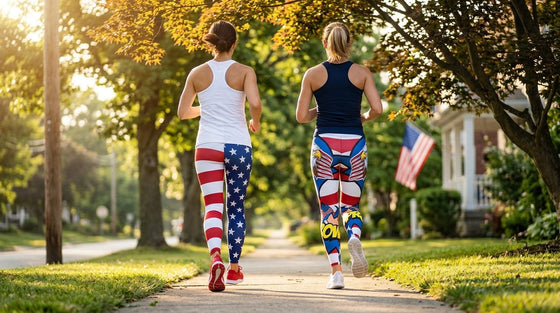 Two women jogging side-by-side on a tree-lined sidewalk, one wearing literal American Flag stars-and-stripes leggings and the other wearing pop-art patriotic leggings