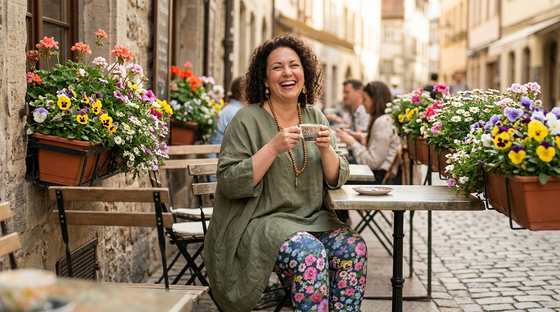 Plus-size floral leggings styled at a charming street cafe - FIERCEPULSE styling guide