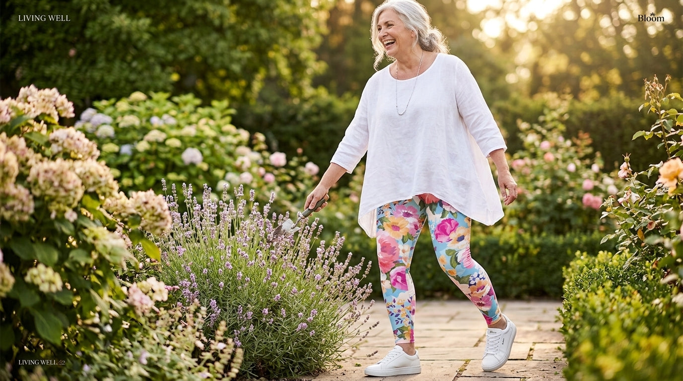 Confident plus-size woman in floral-print FIERCEPULSE leggings and a white tunic walking in a summer garden